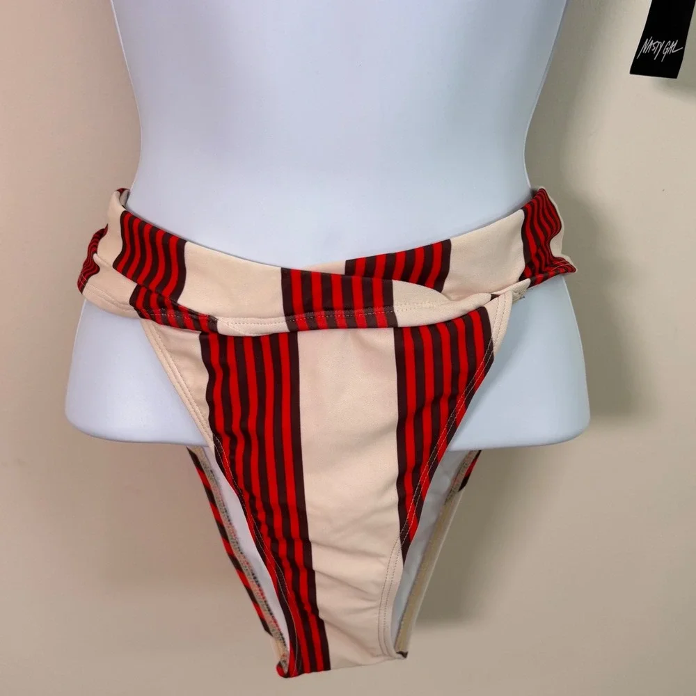 Nasty Gal Swimsuit Bikini The‎ Stripe Time Cream Red Sz 0 High Waist